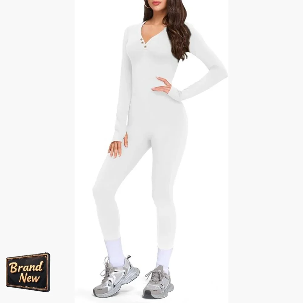 Fleece Long Sleeve Jumpsuit Slim Fit Yoga Workout Romper Henley Collar